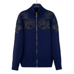 Versace Navy Blue Knit Sweater with Gold Embroidery